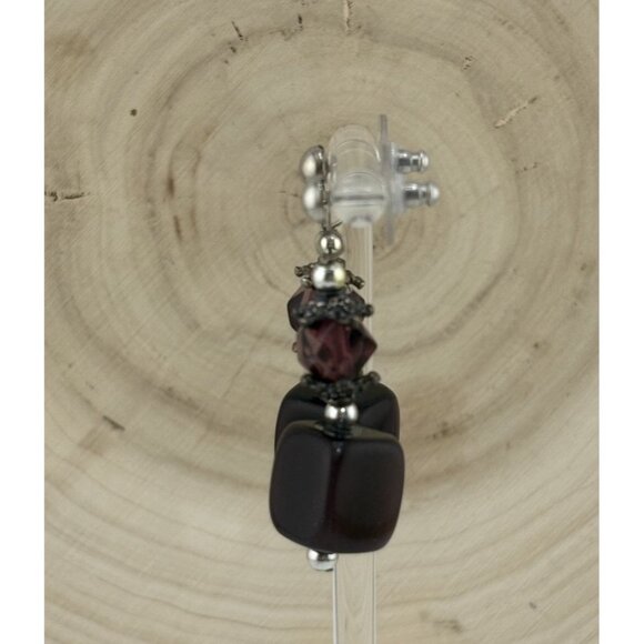 Vintage Boho Beaded Dangle Earrings Purple Glass & Black Cube Beads Silver Tone - Picture 3 of 6